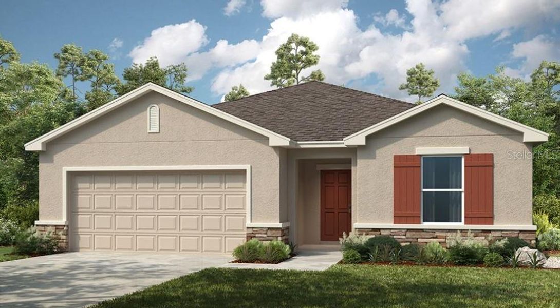 Front exterior of a new home in Waterstone, Groveland, FL, highlighting curb appeal (Image 1).