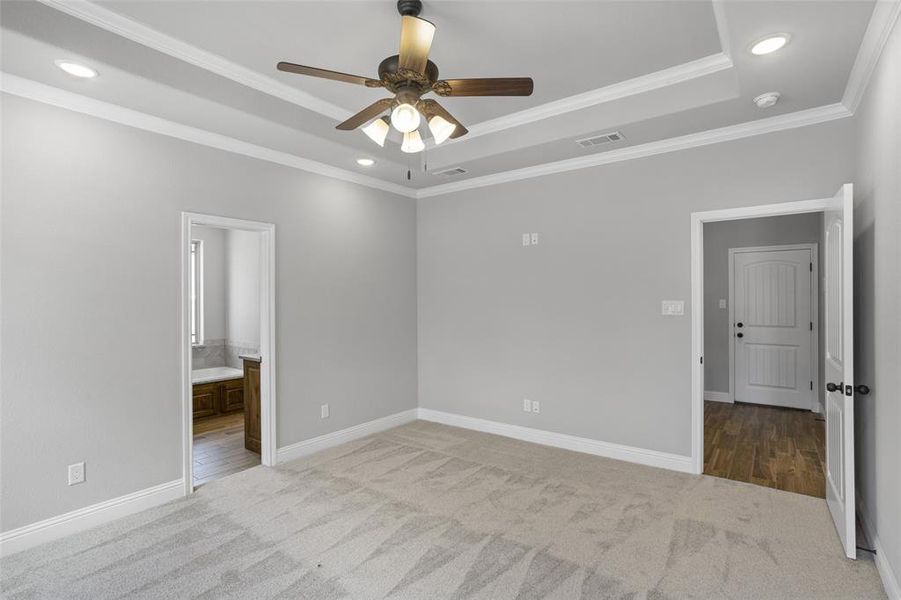 Carpeted empty room featuring ceiling fan, ornamental molding, and a tray ceiling