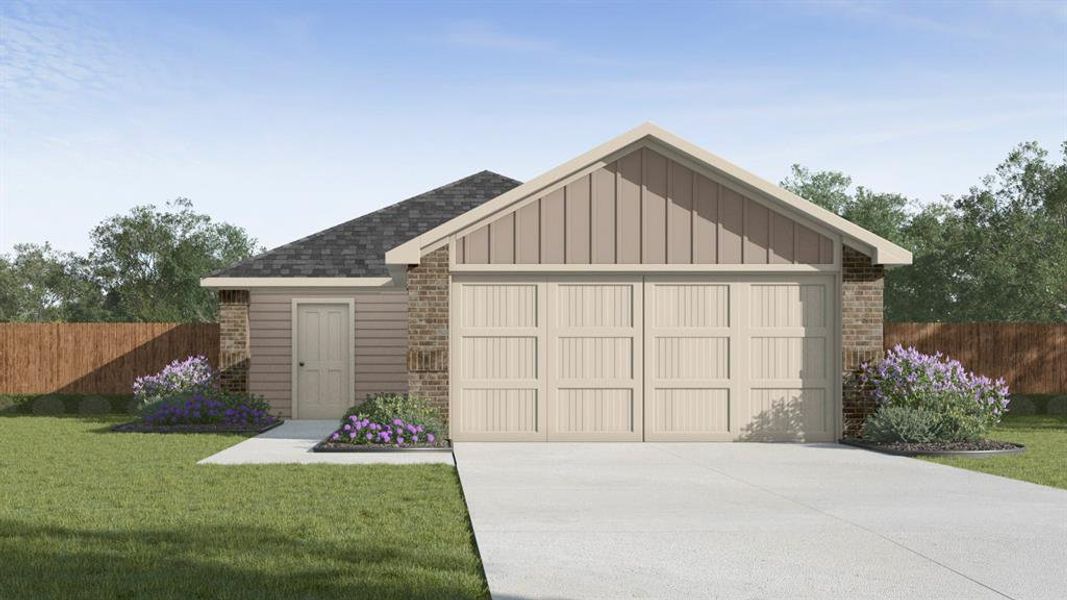 The property features a two-car garage, a paved driveway, and a front yard with a lawn and landscaping The property features a two-car garage, a paved driveway, and a front yard with a lawn and landscaping