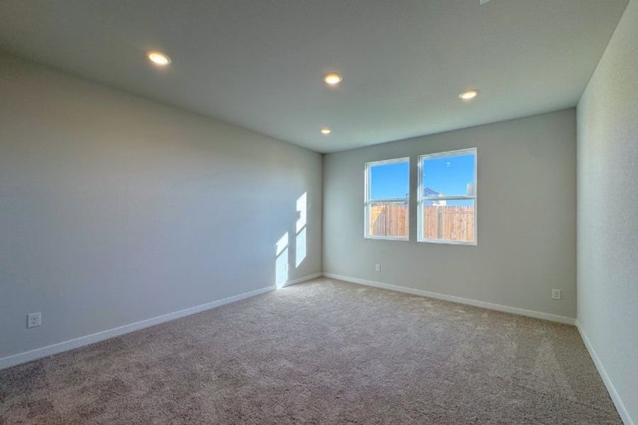 A room with a carpet and windows.