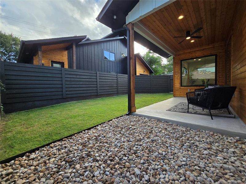 Rear porch and a fully enclosed yard.