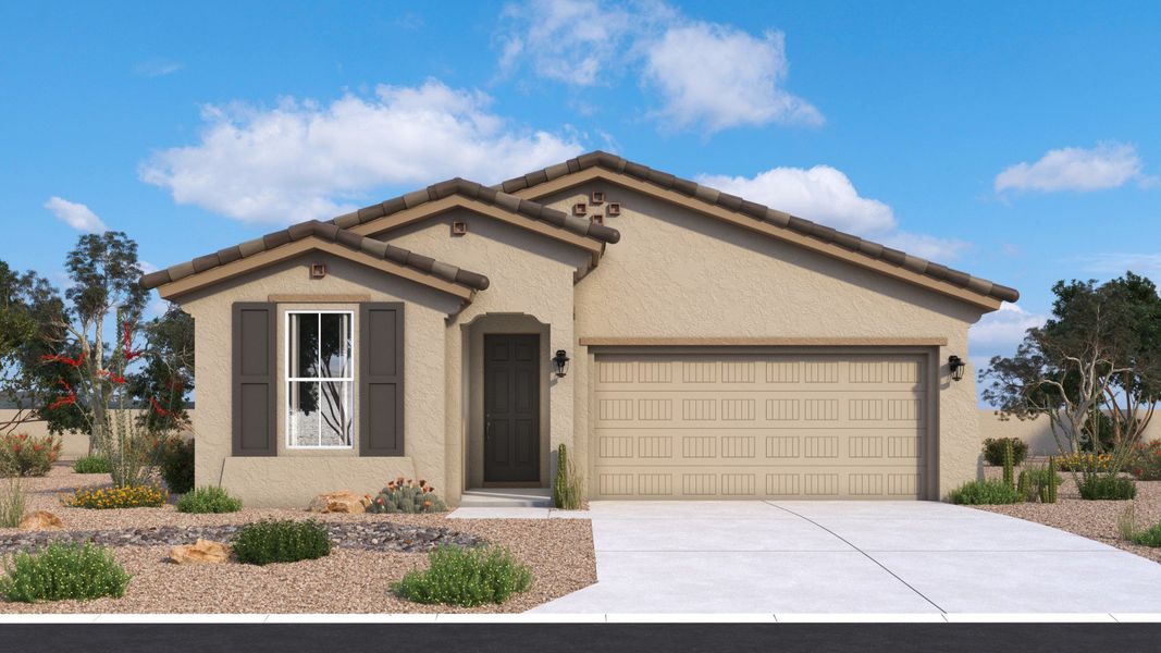 Representative exterior photo of a completed home built from the Bluebell by DRB Homes in Saguaro Hills at Vistancia, Peoria, AZ (Image 2). Representative exterior photo of a completed home built from the Bluebell by DRB Homes in Saguaro Hills at Vistancia, Peoria, AZ (Image 2).