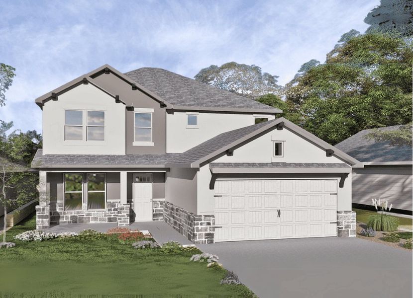 Representative exterior photo of a completed home built from the Bennigton 2434 S by Saratoga Homes in Morningstar, Georgetown, TX (Image 1). Representative exterior photo of a completed home built from the Bennigton 2434 S by Saratoga Homes in Morningstar, Georgetown, TX (Image 1).