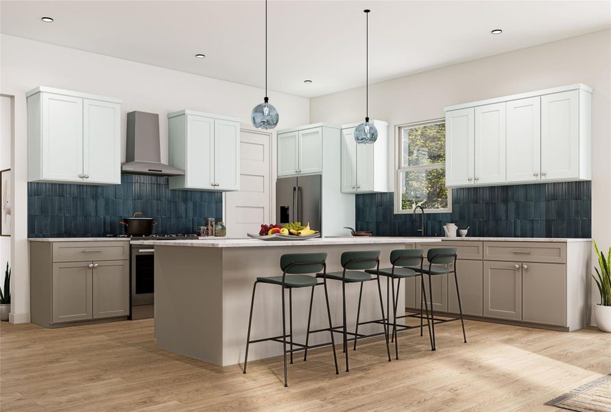 The chef-inspired kitchen featuring sleek finishes, smart storage, and a seamless flow into the main living areas. Image shown is an artist’s rendering; final colors and selections may vary. Please see the New Home Consultant for details.