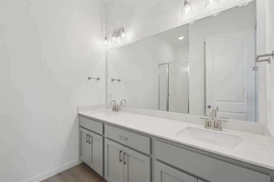 Bathroom with hardwood / wood-style floors, vanity, and a shower with door