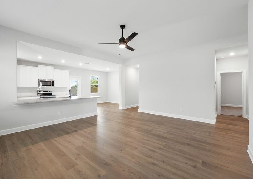 The family room sits right off of the dining room and kitchen.