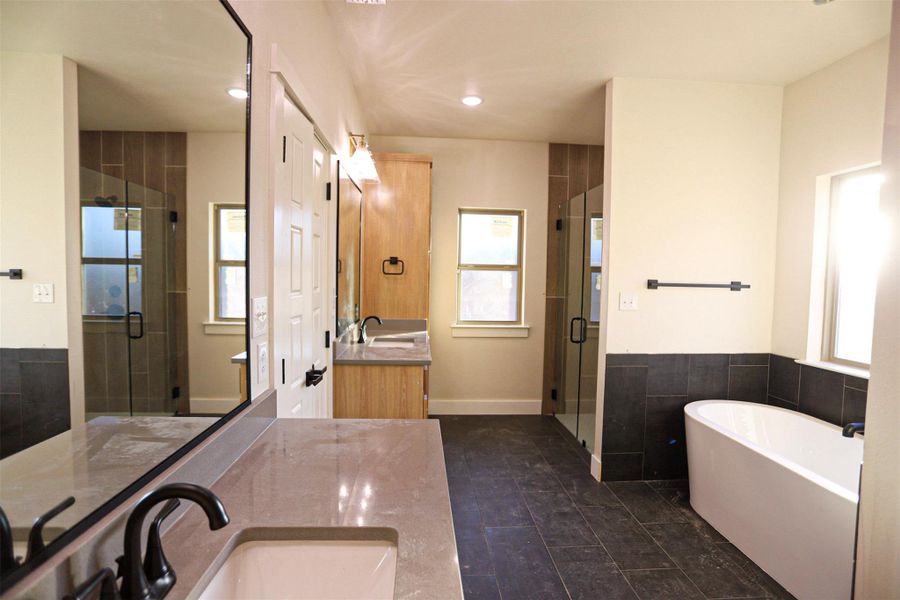 Full bathroom featuring vanity, a freestanding bath, a shower stall, and tile walls