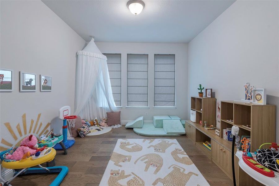 Recreation room with wood finished floors