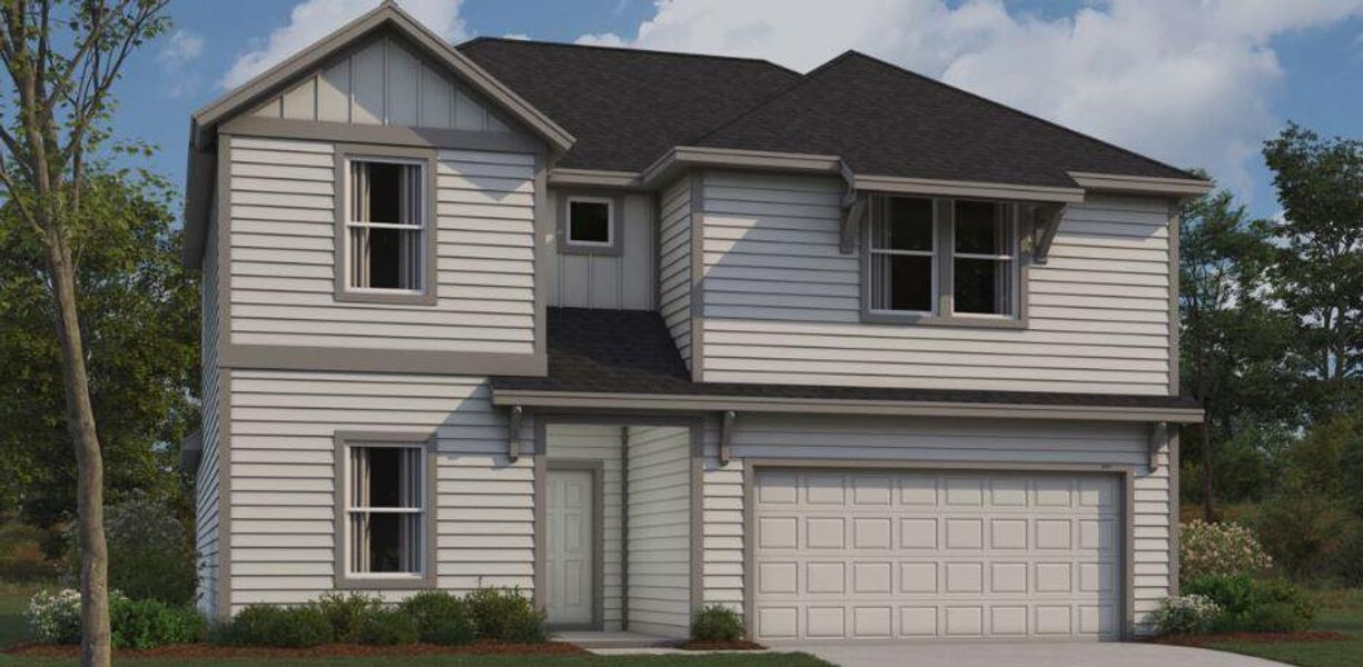 Front exterior of a new home in Cascades at Onion Creek, Austin, TX, highlighting curb appeal (Image 1). Front exterior of a new home in Cascades at Onion Creek, Austin, TX, highlighting curb appeal (Image 1).