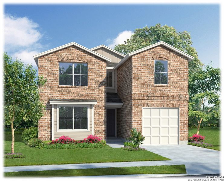Front exterior of a new home in Riverstone at Westpointe, San Antonio, TX, highlighting curb appeal (Image 1).
