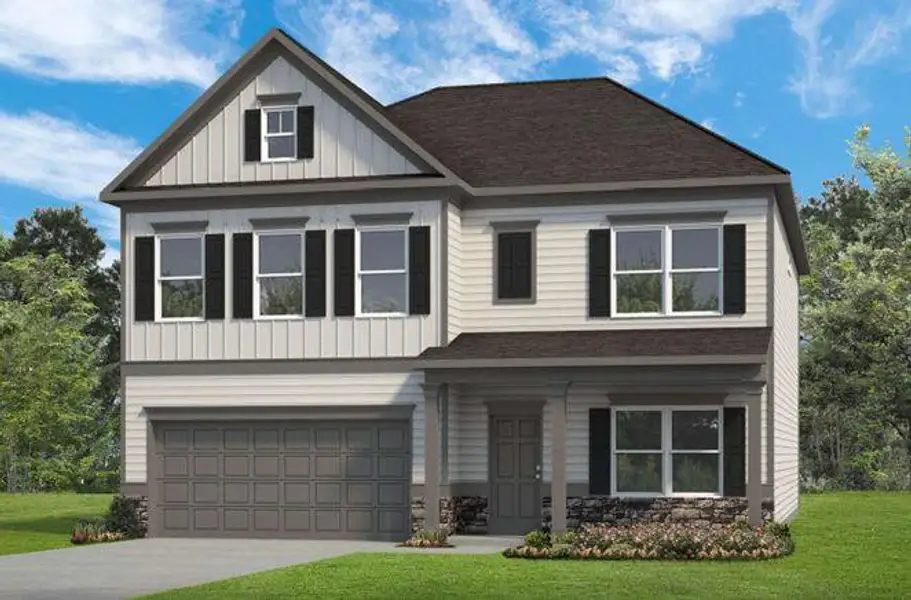 Front exterior of a new home in Saddle Ridge, Calhoun, GA, highlighting curb appeal (Image 1). Front exterior of a new home in Saddle Ridge, Calhoun, GA, highlighting curb appeal (Image 1).