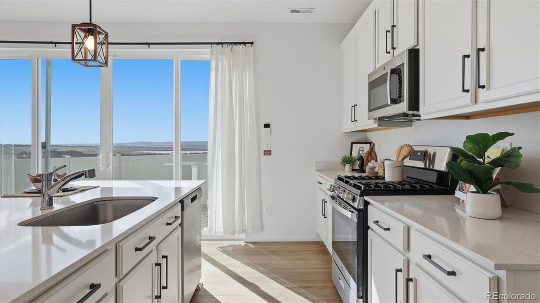 Appliances include a gas range oven, built-in microwave, and dishwasher.