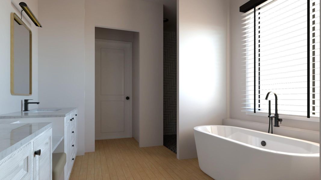 Elegant primary bath featuring a freestanding soaking tub, walk-in shower, dual vanities, and modern black fixtures for a spa-like retreat! Elegant primary bath featuring a freestanding soaking tub, walk-in shower, dual vanities, and modern black fixtures for a spa-like retreat!