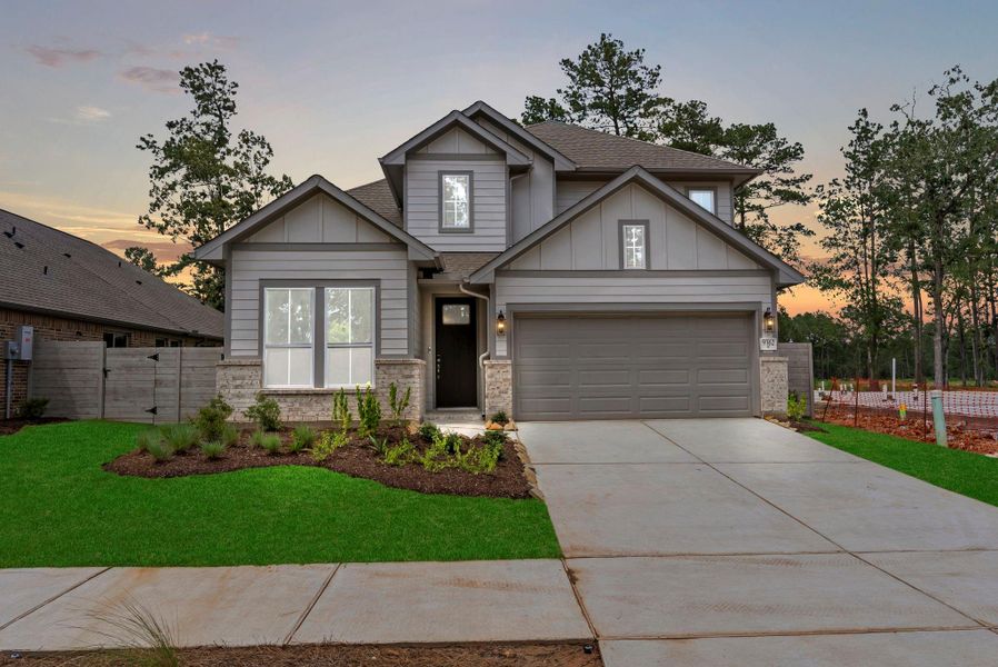 Front exterior of a new home in Two Step Farm, Montgomery, TX, highlighting curb appeal (Image 23). Front exterior of a new home in Two Step Farm, Montgomery, TX, highlighting curb appeal (Image 23).