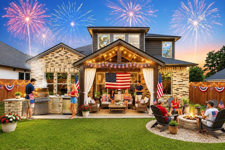 Virtually staged for 4th of July and virtually staged firepit, outdoor kitchen, drapes and party lights. Virtually staged for 4th of July and virtually staged firepit, outdoor kitchen, drapes and party lights.