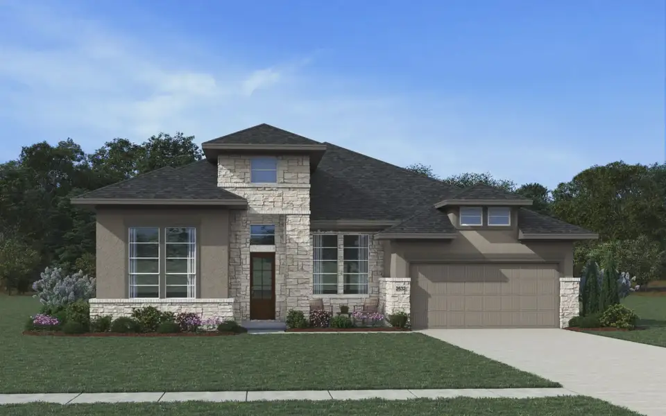 Representative exterior photo of a completed home built from the Malani by Chesmar Homes in Prominence 60's, San Antonio, TX (Image 4).
