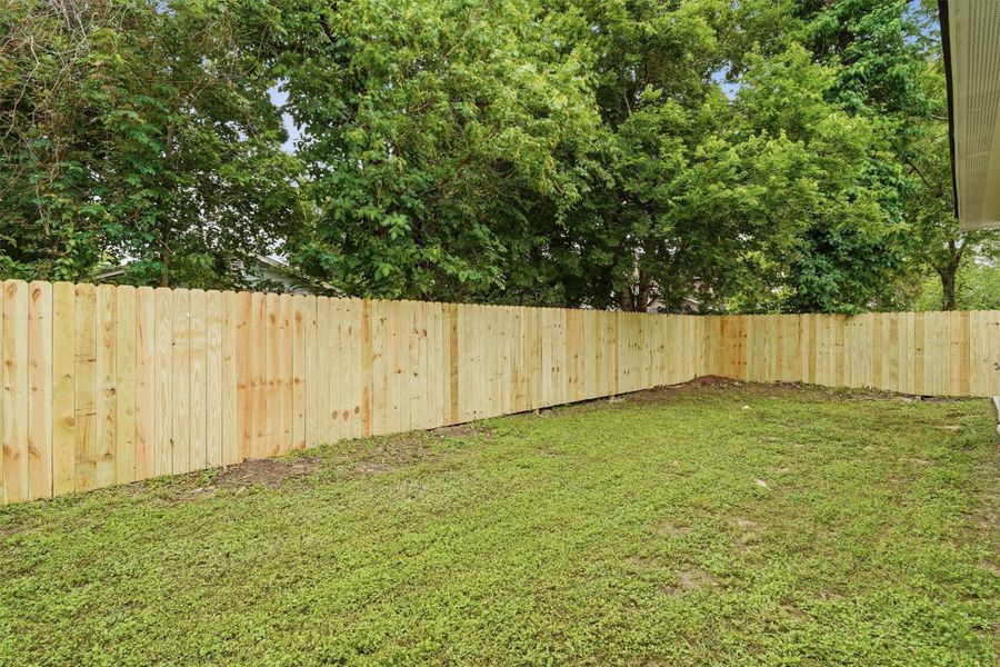 Spacious back yard with brand new privacy fence