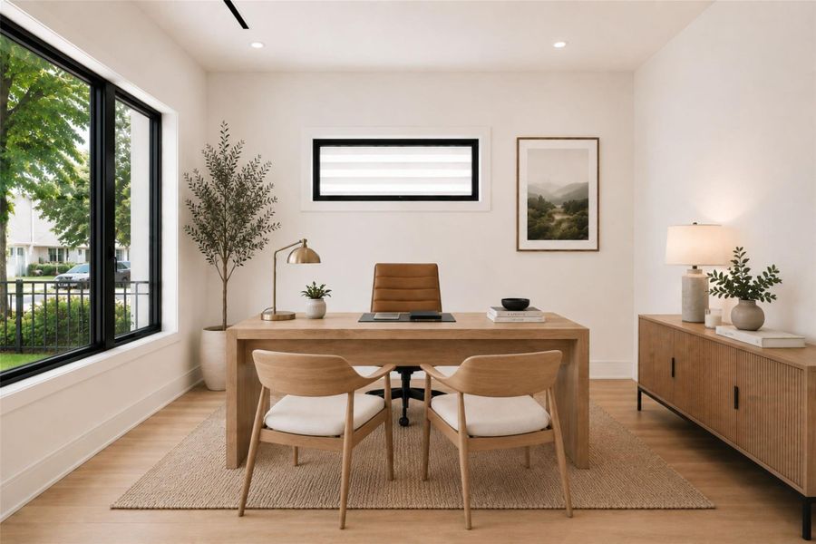 Light-filled study provides the perfect place to work while connecting with outdoors. *Virtually staged.