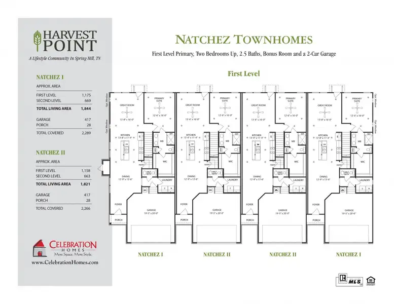 2D floor plan layout for the Natchez I & II by Celebration Homes in Harvest Point Townhomes, Spring Hill, TN (Image 4).