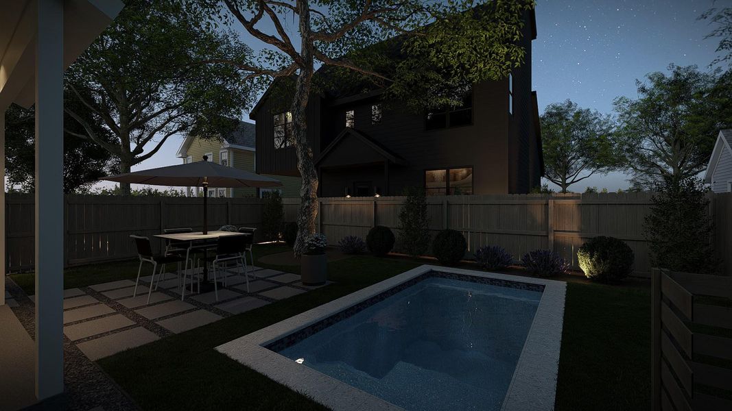 Expansive backyard featuring a rectangular swimming pool with integrated lighting, a patio area with square paver stones, perimeter fencing, and established trees