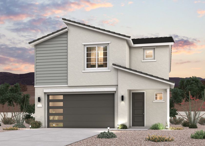 A twilight rendering of a 2-story new home in Buckeye, AZ at Manzanita at Teravalis by Century Communities. A twilight rendering of a 2-story new home in Buckeye, AZ at Manzanita at Teravalis by Century Communities.