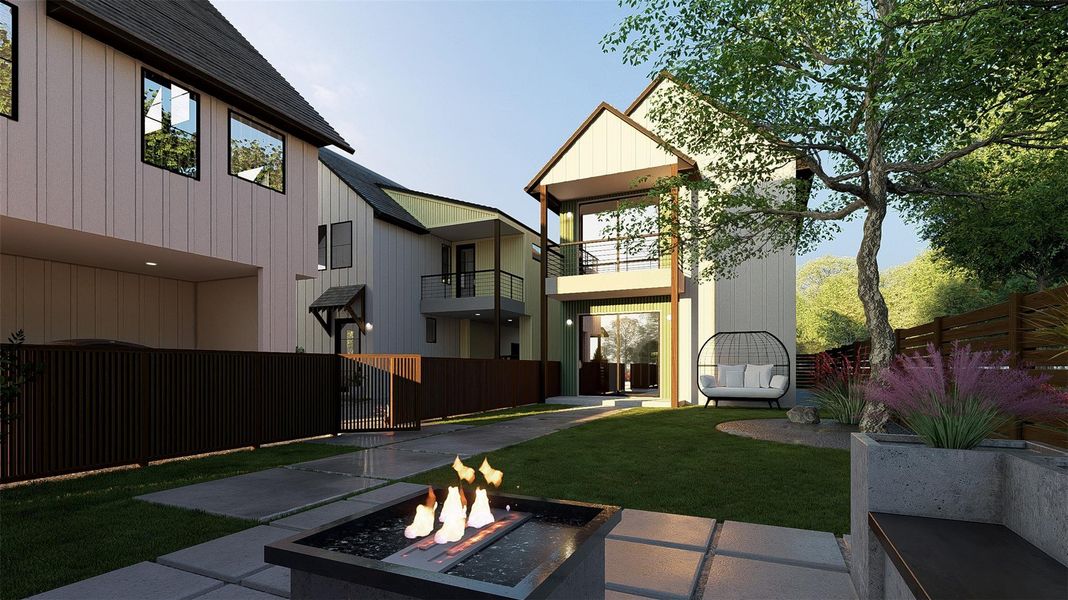 Back of house with an outdoor fire pit, a balcony, a shingled roof, and a patio Back of house with an outdoor fire pit, a balcony, a shingled roof, and a patio