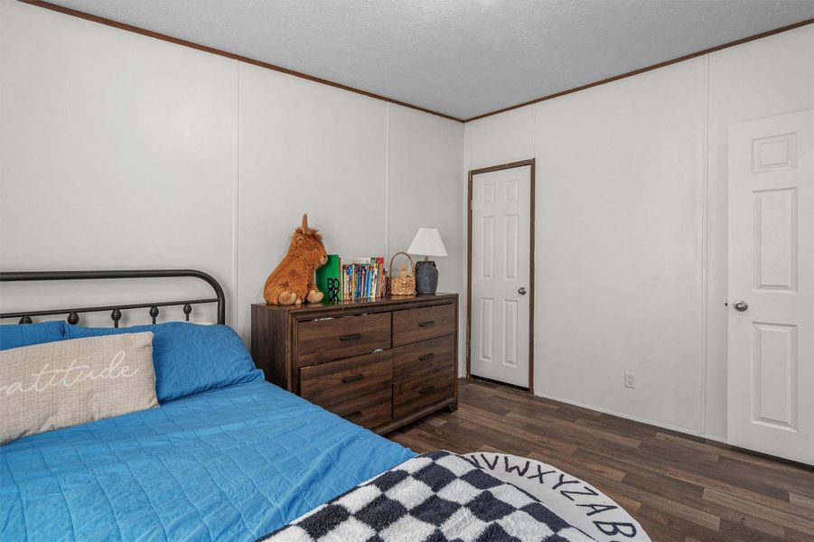 Bedroom with ornamental molding, dark wood-style floors, a textured ceiling, and a decorative wall