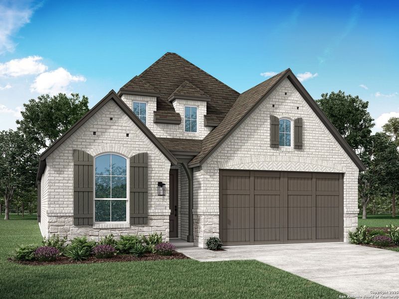 Front exterior of a new home in Davis Ranch: 45ft. lots, San Antonio, TX, highlighting curb appeal (Image 1).