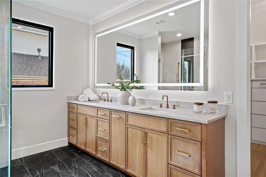 Custom storage with quartzite tops