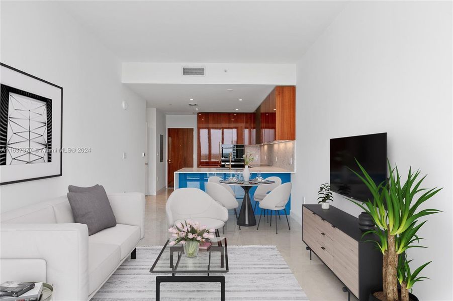 Virtually staged living room and kitchen.