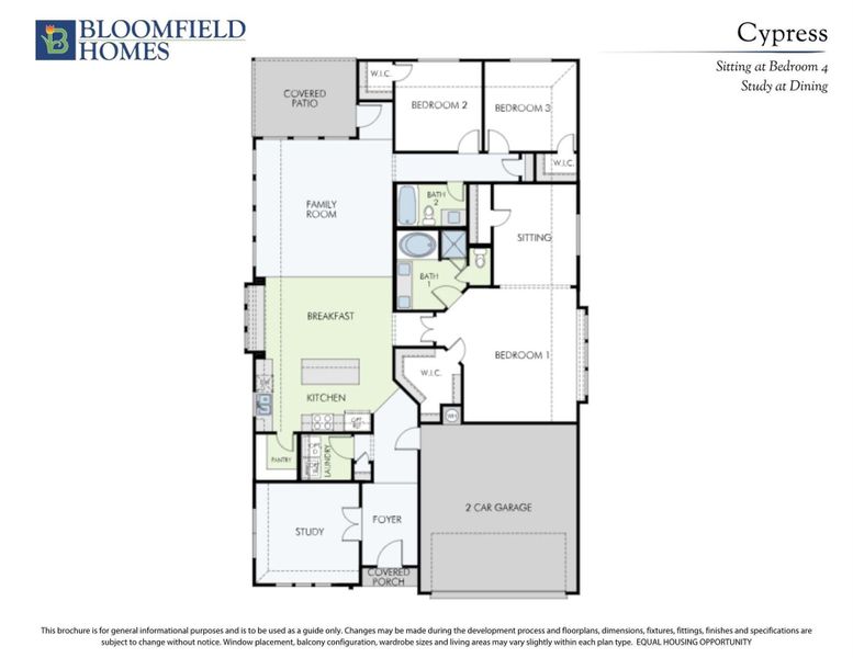 Bloomfield Homes Cypress floor plan with 3 bedrooms, study, family room, kitchen, and 2-car garage layout