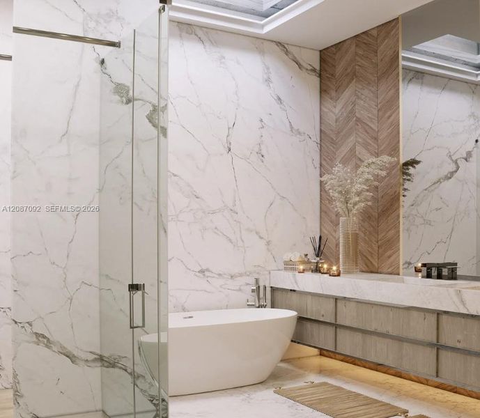 Freestanding soaking tub, glass-enclosed shower, wall-mounted vanity with integrated lighting, wood-finish chevron accent wall, and skylight