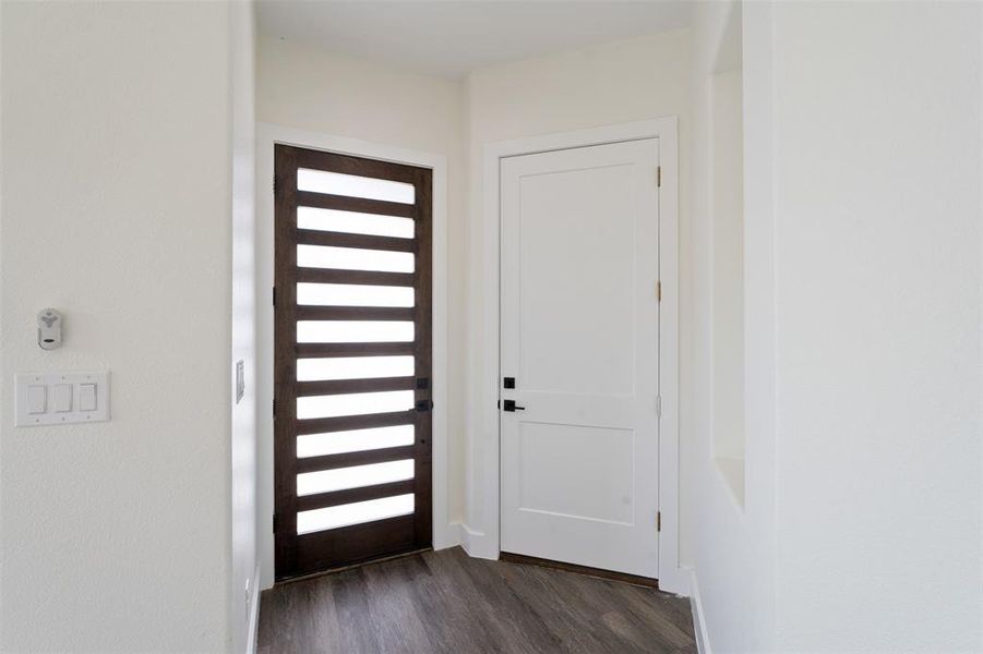 Entryway with dark wood-type flooring and baseboards Entryway with dark wood-type flooring and baseboards
