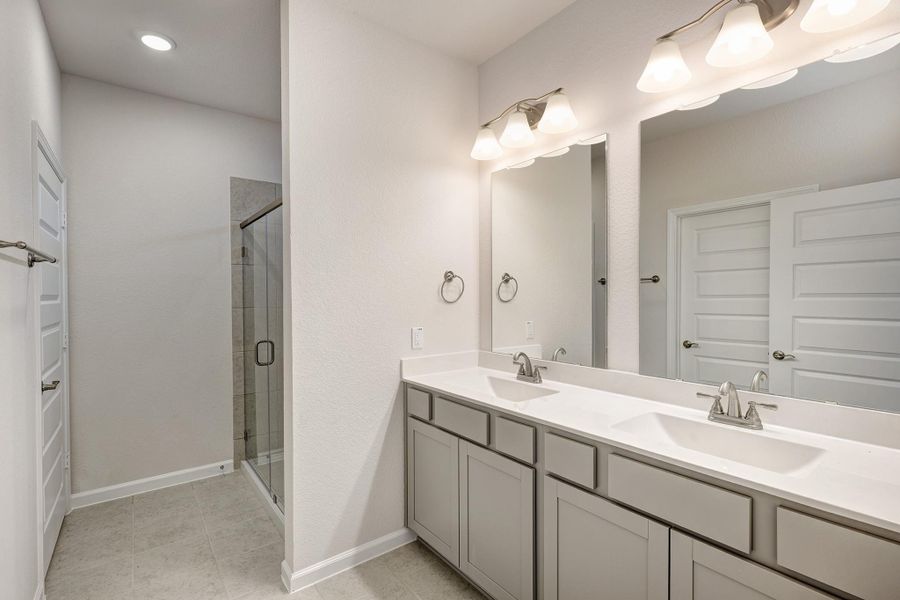 The Mockingbird II- Primary Bath with Dual Sinks, and Walk-in Shower The Mockingbird II- Primary Bath with Dual Sinks, and Walk-in Shower