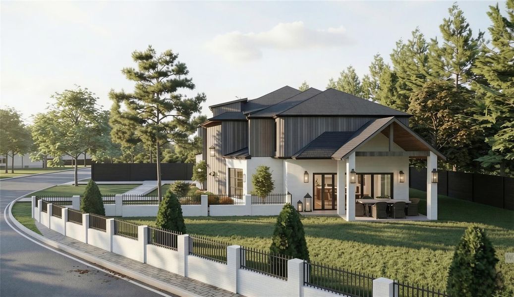 Rendering: Large backyard with covered patio and summer kitchen.