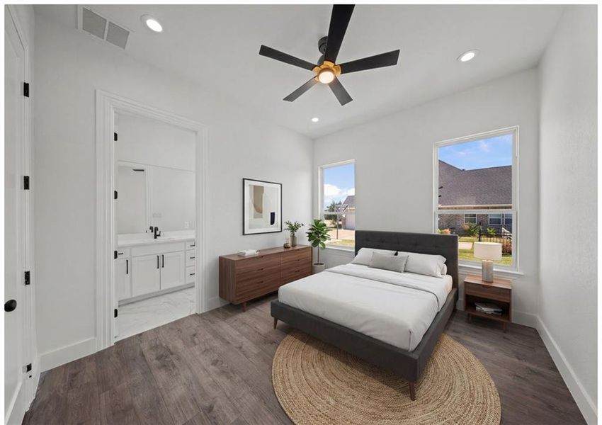 Virtually Staged - Bedroom with dark wood finished floors, a ceiling fan, recessed lighting, and connected bathroom