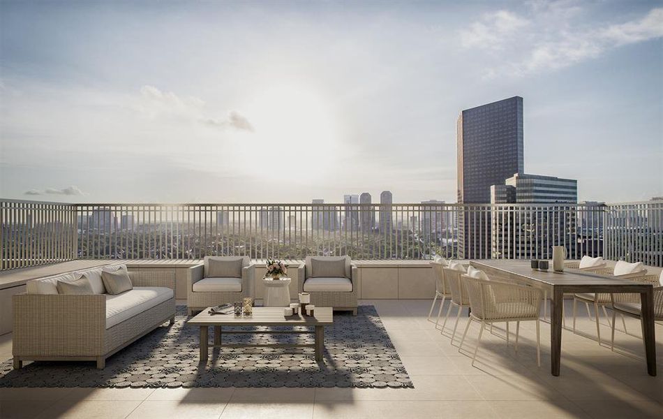 Watch the sunrise over the city from a palatial east-facing terrace with 270-degree views. Optional pet turf and built-in grills add tremendous convenience to this sky-high outdoor retreat.