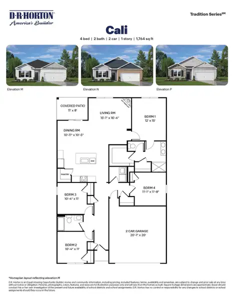 2D floor plan layout for the CALI by D.R. Horton in Galvins Ridge, Sanford, NC (Image 3).