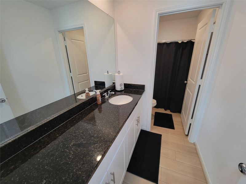 This bathroom features a sleek black granite countertop with dual sinks and modern fixtures. It includes a large mirror, light wood flooring, and a separate area with a shower and toilet, enhancing privacy.