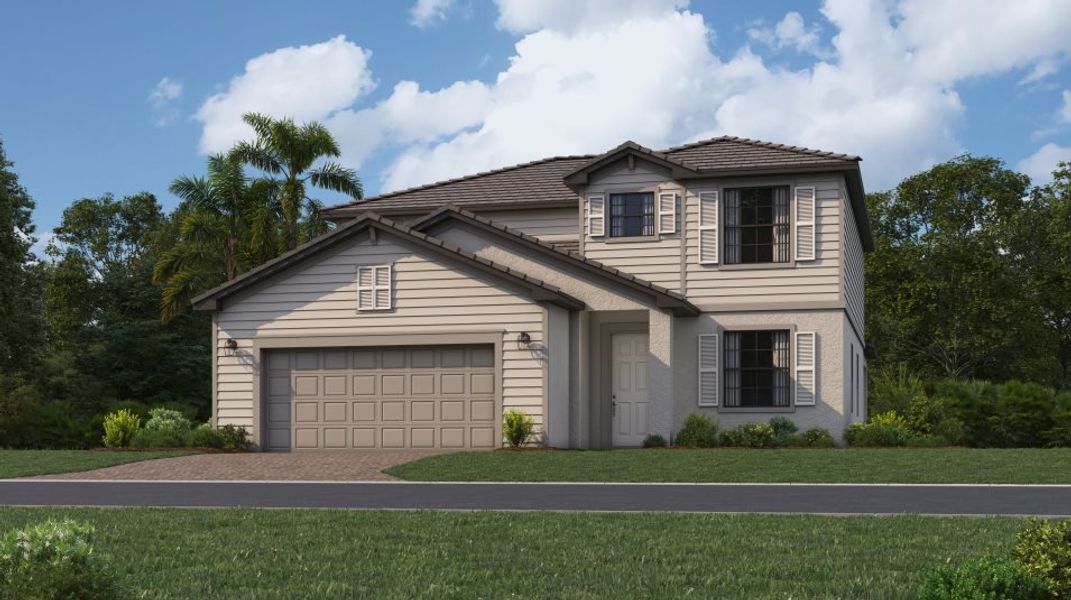 Front exterior of a new home in Verdana Village: Executive Homes, Estero, FL, highlighting curb appeal (Image 1).