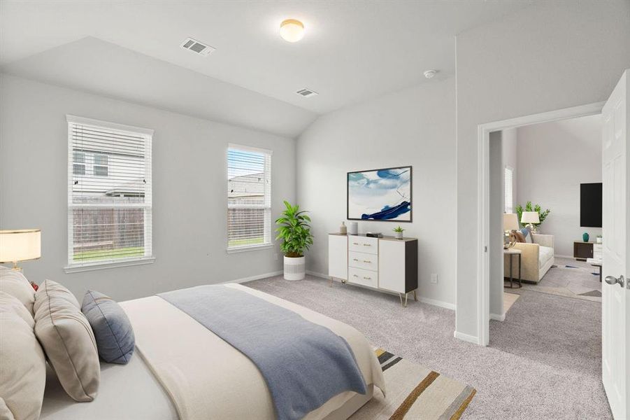 Escape the day's chaos and find serenity in the grand primary suite! Enjoy the comfort of plush carpeting, soothing paint hues, high ceilings, and large windows. Sample photo of completed home. Actual colors and selections may vary.