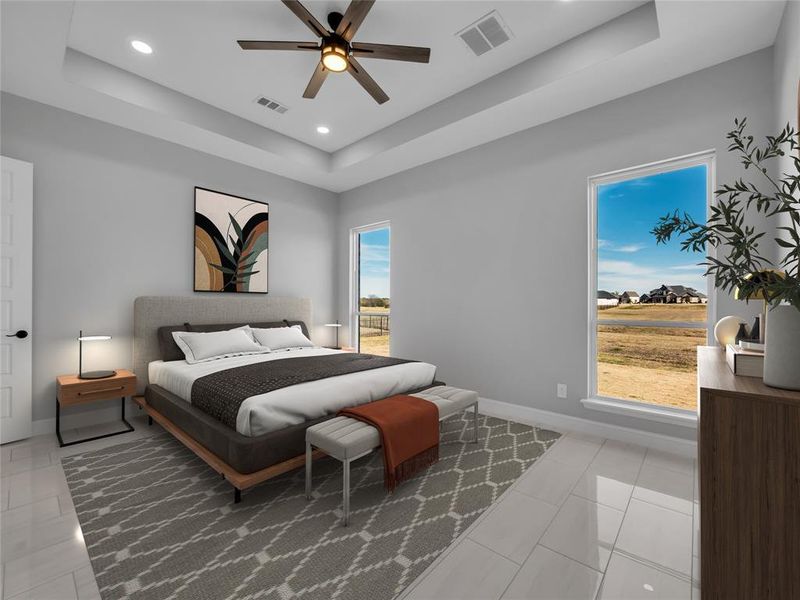 Virtually staged primary bedroom.