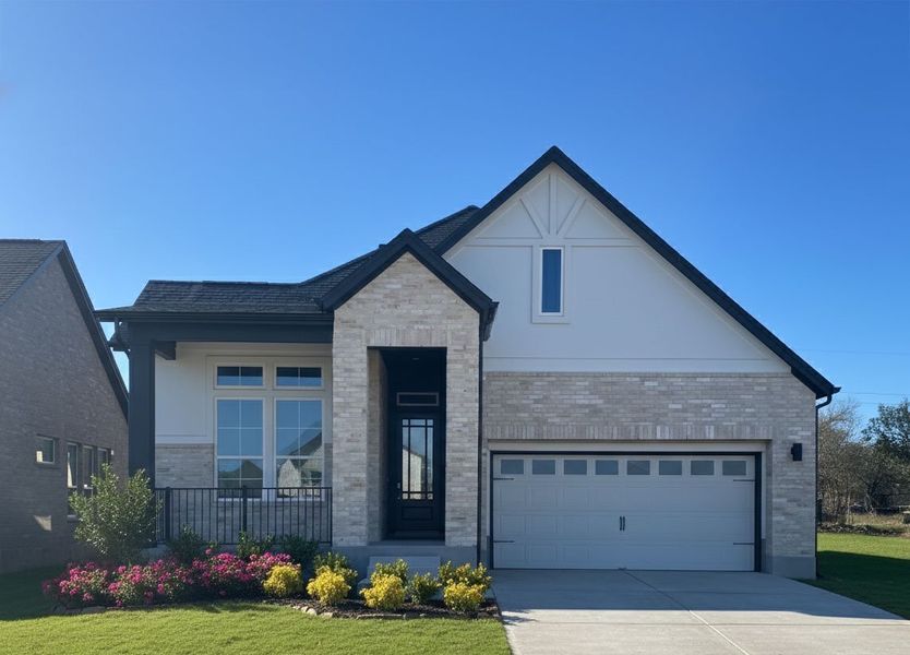 Front exterior of a new home in Persimmon, Buda, TX, highlighting curb appeal (Image 1). Front exterior of a new home in Persimmon, Buda, TX, highlighting curb appeal (Image 1).