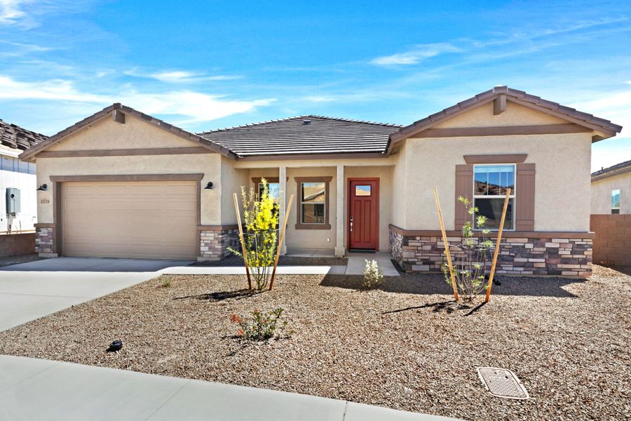 Front exterior of a new home in Montelena, Marana, AZ, highlighting curb appeal (Image 1). Front exterior of a new home in Montelena, Marana, AZ, highlighting curb appeal (Image 1).