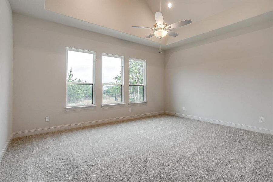 Unfurnished room featuring ceiling fan and light colored carpet