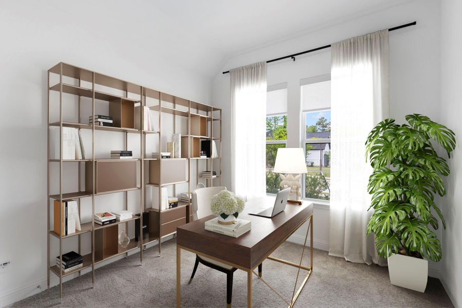 Secondary bedroom overlooking the front yard. Virtually staged as a home office.