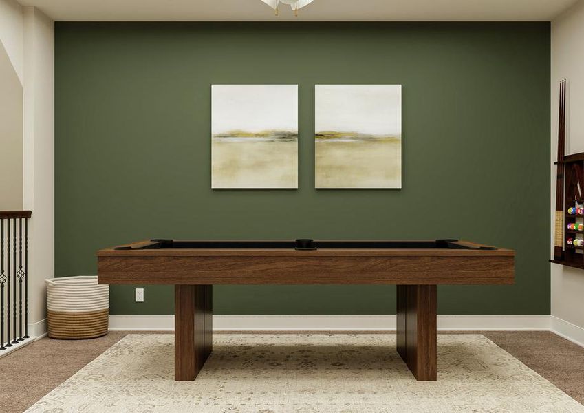 Rendering of loft space showing pool
  table along a green accent wall and beige carpet flooring throughout.