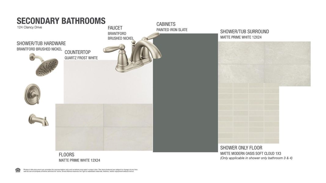 Visualize design selections for secondary bathrooms, featuring brushed nickel fixtures and matte white tiles.
