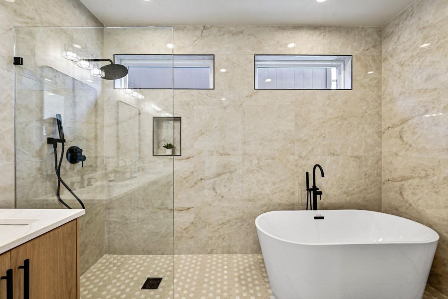 3rd Floor Luxurious Primary Bathroom (This is Unit #2 - each Unit has the same layout, however a few differing details such as light fixtures, custom cabinet/backsplash/tile colors)