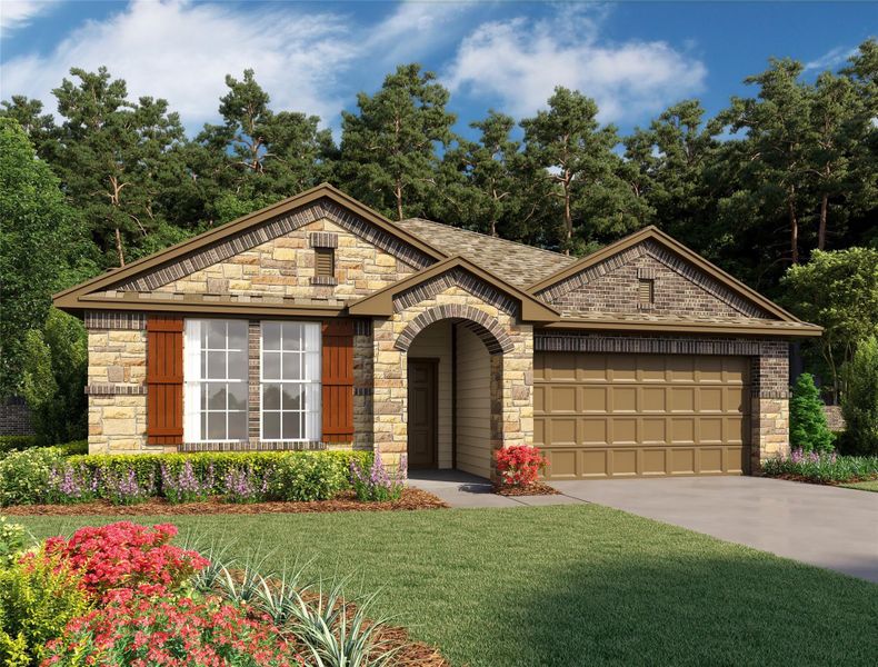 Front exterior of a new home in Ashland, Angleton, TX, highlighting curb appeal (Image 24).